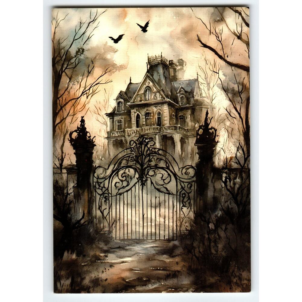 Vintage Halloween Haunted Mansion Gothic Gate Photochrome Postcard